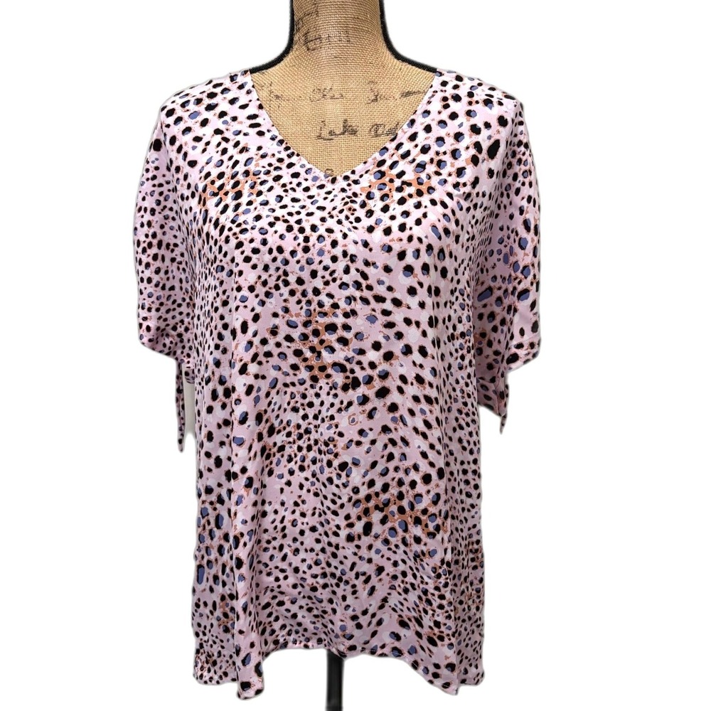 Cabi 5980 Seaside Top Pink Panther Animal Print Ruched Sleeve V-Neck Blouse XS - Picture 1 of 5